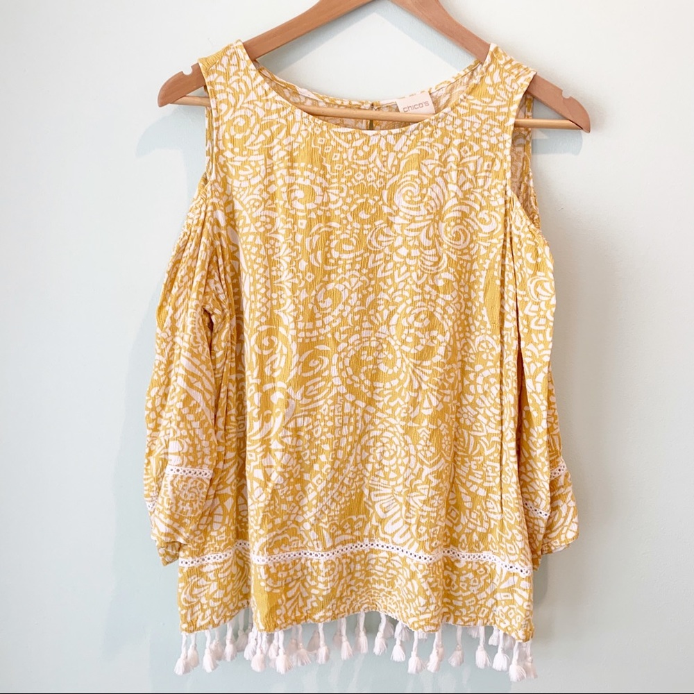 🏷️ Chico’s Golden Yellow Cold Shoulder Batik Print Fringe Textured Blouse Top 1